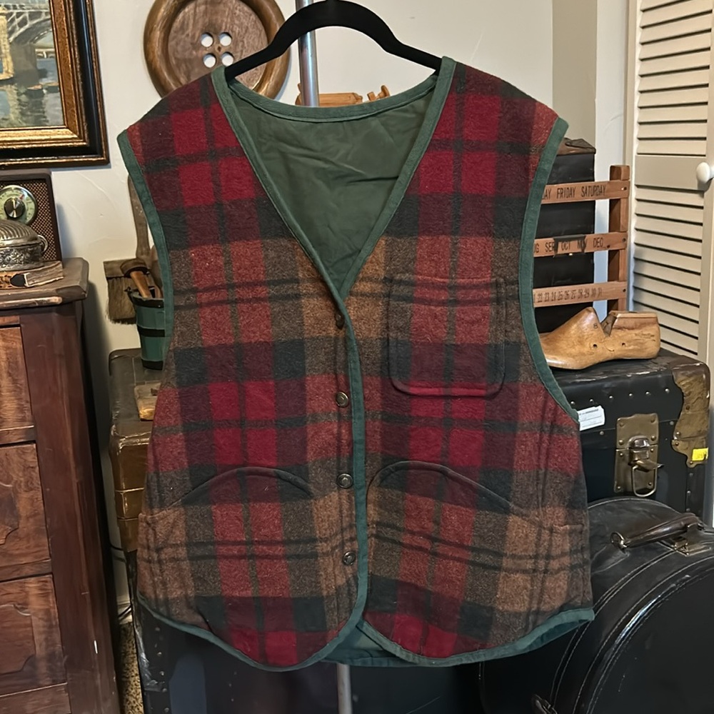 VINTAGE 1970s London Fog Plaid Wool Hunting Vest Reversible